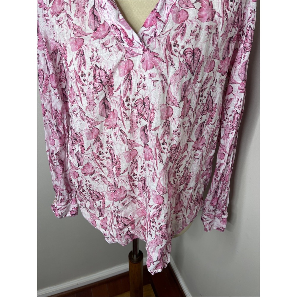 120% LINO Pink‎ White Floral Longsleeve Linen Tunic Shirt Sz 42 - Picture 7 of 9